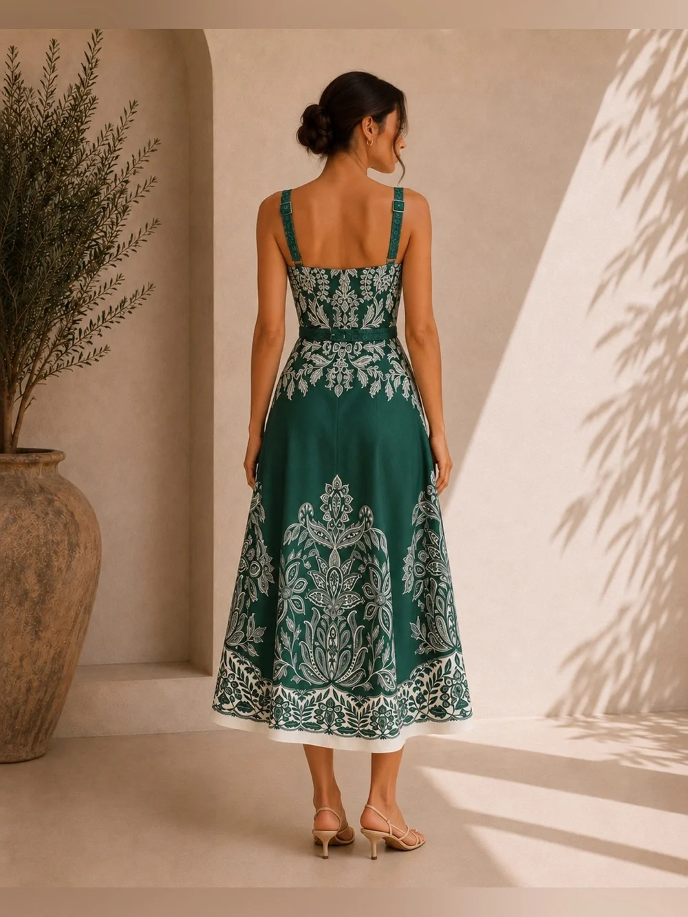 Commense Green Baroque Floral Belted Cami Maxi Dress XS | Resort Occasion Dress - Picture 2 of 6
